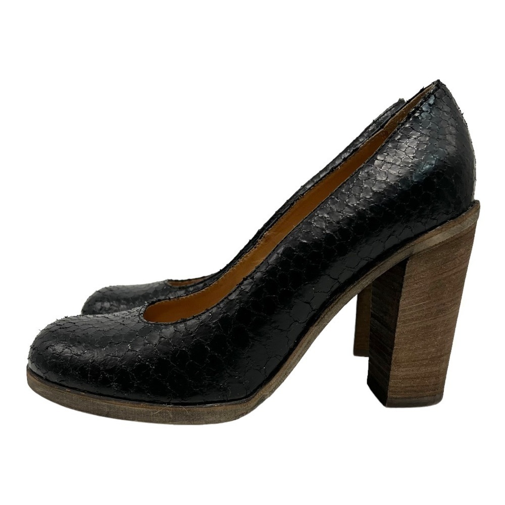 Maison Martin Margiela MM6 Black Snakeskin Leather Round Toe Block Heels 38.5